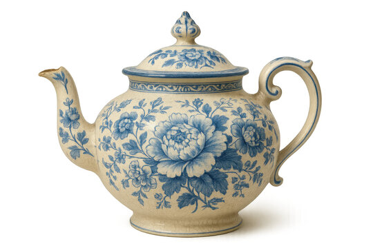 Blue and white vintage porcelain teapot with floral pattern, showing chinoiserie style and classic kitchenware design