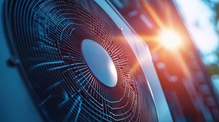 Close-up of a large industrial fan or air conditioning unit with sunlight shining in background creating lens flare