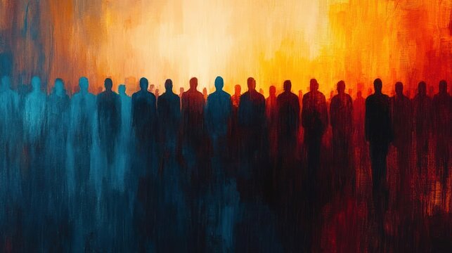 Abstract silhouettes of a crowd standing together with contrasting cool blue and warm orange light creating a mysterious and contemplative atmosphere