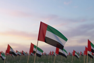 United Arab Emirates flags waving proudly at sunset, a vibrant symbol of national pride and unity for your commercial project