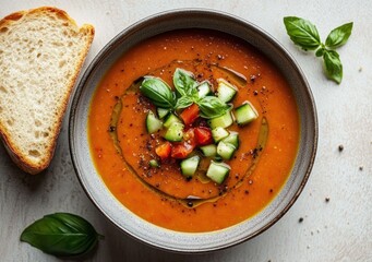 Bowl of creamy tomato soup garnished with diced cucumber, tomato, basil leaves, black pepper and olive oil, served with a slice of rustic bread on the side