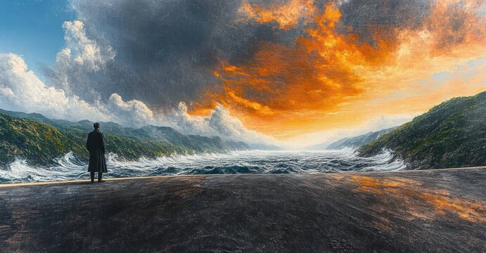 A lone figure in dark clothing stands on a wet reflective surface facing turbulent ocean waves between green hills under a dramatic orange and blue cloudy sky at sunset