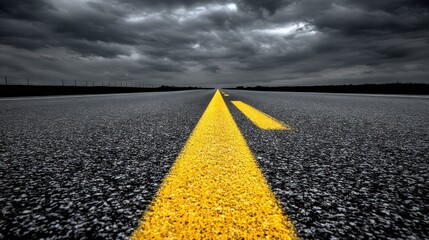 A yellow road marking on a dark asphalt road with a stormy sky in the background.