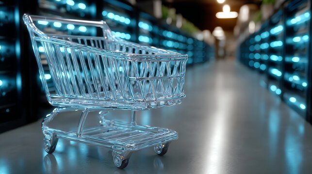 Transparent Shopping Cart in Server Room for Cloud Computing Concept