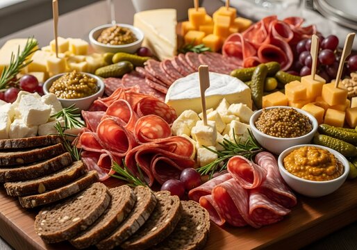 Gourmet Charcuterie Board with Salami, Cured Meats, Assorted Cheeses, Grapes, Pickles, Mustard, and Rustic Bread Slices on a Wooden Platter