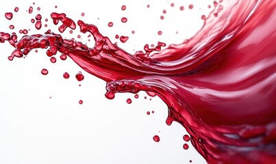 Dynamic close-up of red liquid splash with droplets suspended in midair against a white background conveying motion and energy