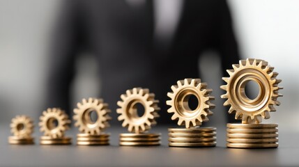A man in a suit standing behind a row of gears and coins.