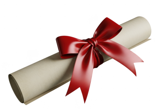 A 3D illustration of a diploma scroll tied with a red ribbon on a transparent background. A festive red ribbon tied with a swirling diploma or certificate award of achievement graduation recognition