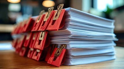 Thick stack of organized white paper documents held together with red binder clips on a wooden desk in an office setting