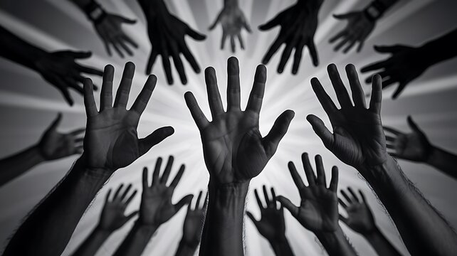 Unity and Support: Reaching upward, a multitude of hands symbolizes solidarity, support, and a shared sense of community, against a dramatic backdrop of radiating light.