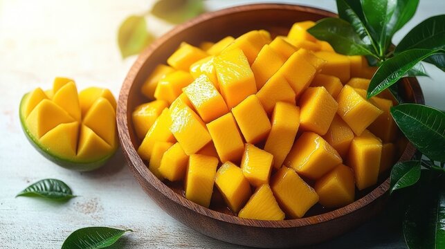 Freshly cut ripe mango cubes in a wooden bowl with mango leaves and a halved mango on a light surface, evoking freshness and tropical abundance
