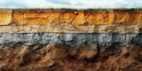cross section of layered soil and earth with distinct colored strata and green grass on top under cloudy sky