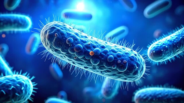 Microscopic View of Bacteria Cells Floating in a Blue Environment.