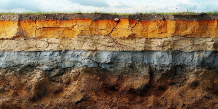 cross section of layered soil and earth with distinct colored strata and green grass on top under cloudy sky