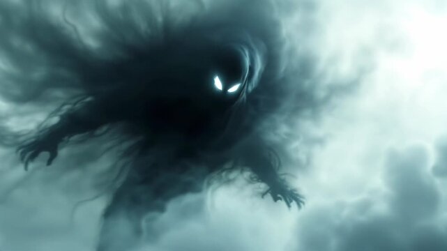 An abstract, ethereal shadow figure with bright, glowing eyes emerges from dark, swirling clouds. The mood is ominous and mysterious with soft, atmospheric lighting.