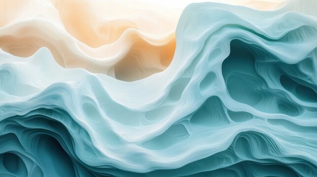Abstract layered waves with flowing curved lines in blue and beige tones creating a textured and serene landscape-like effect - Powered by Adobe