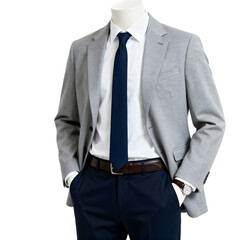 Headless male torso mannequin wearing a grey blazer, white shirt, and navy blue tie and pants, corporate business style, isolated on transparent background