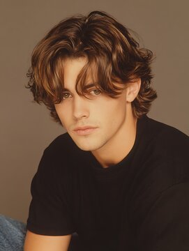1990s middle-part hairstyle, curtain bangs, inspired by boybands, soft lighting, casual portrait.