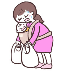赤ちゃんを抱っこしながら荷物を持つ女性のイラスト