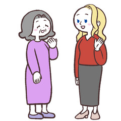 白人女性とシニア女性が会話するイラスト