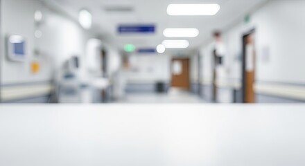 Fototapeta premium A blurred image of a hospital hallway with doors, lights, and a white wall.