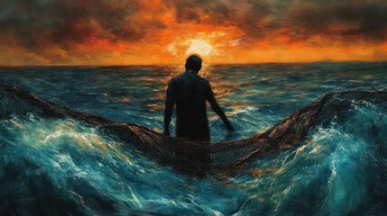 silhouette of a person standing in turbulent ocean waves holding a large fishing net with a dramatic fiery sunset sky in the background, evoking solitude and struggle