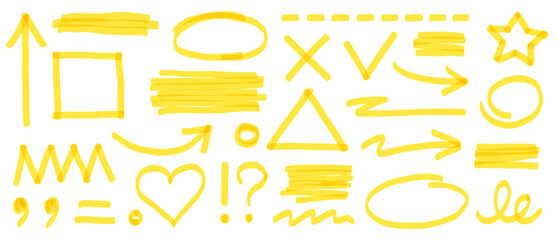 Plakat Highlight marker yellow set. Yellow underline mark with hand drawn marker stroke and sketch brush texture. Arrow paint scribble shape, check mark, and pen rectangle frame set. Vector illustration