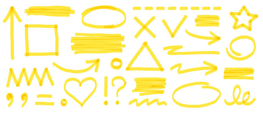 Highlight marker yellow set. Yellow underline mark with hand drawn marker stroke and sketch brush texture. Arrow paint scribble shape, check mark, and pen rectangle frame set. Vector illustration