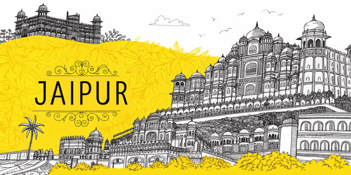 Jaipur India Skyline Drawing with Iconic Landmarks &ndash; Hawa Mahal, Amer Fort, City Palace, Jal Mahal | Minimalist Cultural Sketch for Rajasthan Tourism Prints
