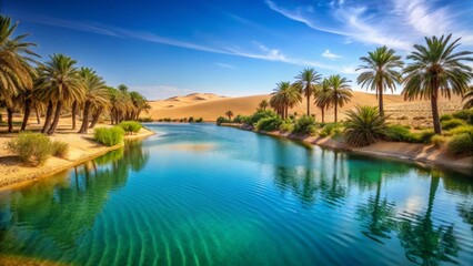 Fototapeta premium Serene Oasis A picturesque waterway winds through a sun-drenched desert landscape, reflecting the vibrant green palms and golden sand dunes in its crystal-clear waters.