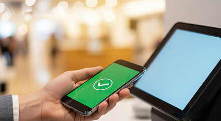 A hand holding a smartphone with a green screen and a tablet in the background.