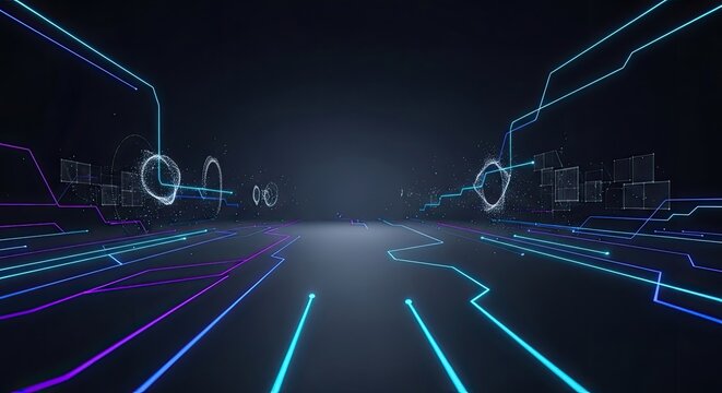 A futuristic, neon-lit tunnel with glowing lines and geometric shapes.