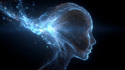 Naklejka premium Holographic head silhouette filled with digital data patterns, AI identity recognition network, glowing blue light