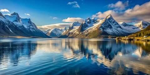 Fototapeta premium Serene Mountain Lake Reflection A Picturesque Panorama of Snow-Capped Peaks and Tranquil Waters