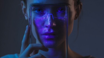 Transparent smartphone scanning user face holographically, biometric access verification, purple-blue glow