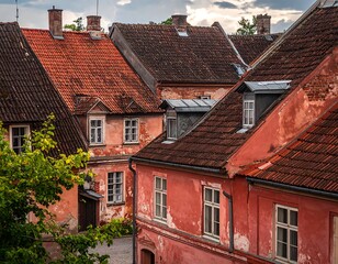 A cluster of weathered red-roofed buildings with numerous windows
