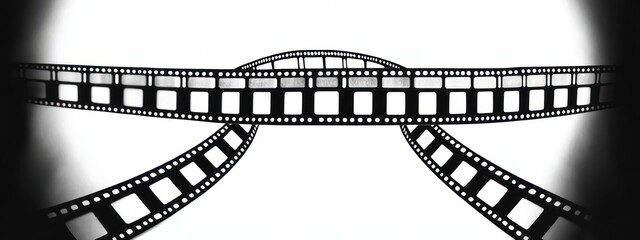 Obraz premium Black and white film strips twisting and curving on a white background evoking creativity and cinematic art