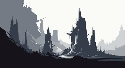 Naklejka premium Dilapidated futuristic city skyline with towering ruins under a bright, hazy sky.
