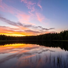 Obraz premium Vibrant Sunset Reflected in a Calm Forest Lake