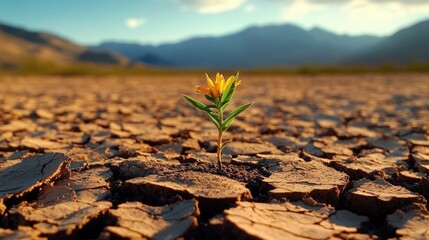Small yellow flower growing through cracked dry earth in a barren desert landscape with distant mountains under a partly cloudy sky