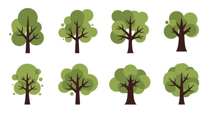 Collection of eight stylized green trees with brown trunks and branches against a white background.