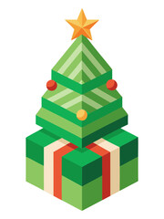 Stylized isometric christmas tree with gift box and star decoration