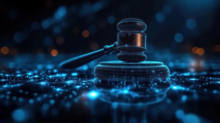 Futuristic digital representation of a judge's gavel surrounded by glowing blue network connections symbolizing technology and law integration