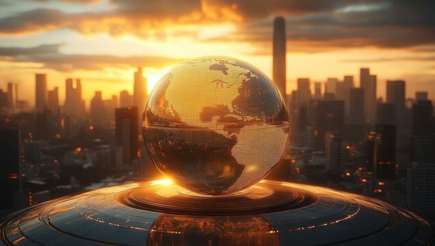 Golden globe showing Americas suspended above futuristic cityscape at sunset with dramatic sky and glowing reflections