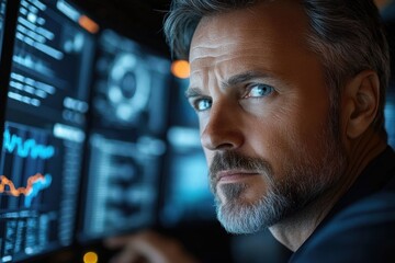 Fototapeta premium Focused middle-aged man with blue eyes and gray beard looking intently at multiple illuminated data and chart displays in a dark room