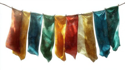 Naklejka premium Colorful worn flags hanging on a string against a bright white background, displaying vibrant shades of orange, yellow, blue, green, and red with tattered edges