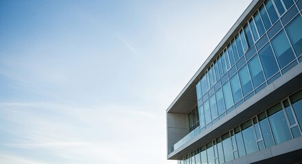 A modern office building with large glass windows and a blue sky in the background.