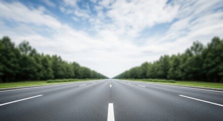 Fototapeta premium A long, straight road with white lines and trees on both sides.