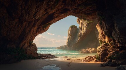 Tropical sea cave entrance reveals a pristine sandy beach and clear turquoise ocean water with sunlit cliffs