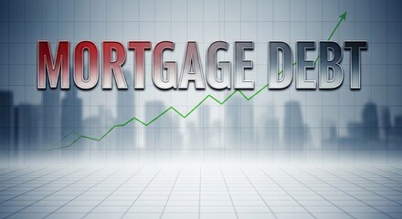 A city skyline with a green arrow and the words 'MORTGAGE DEBT' in the foreground.
